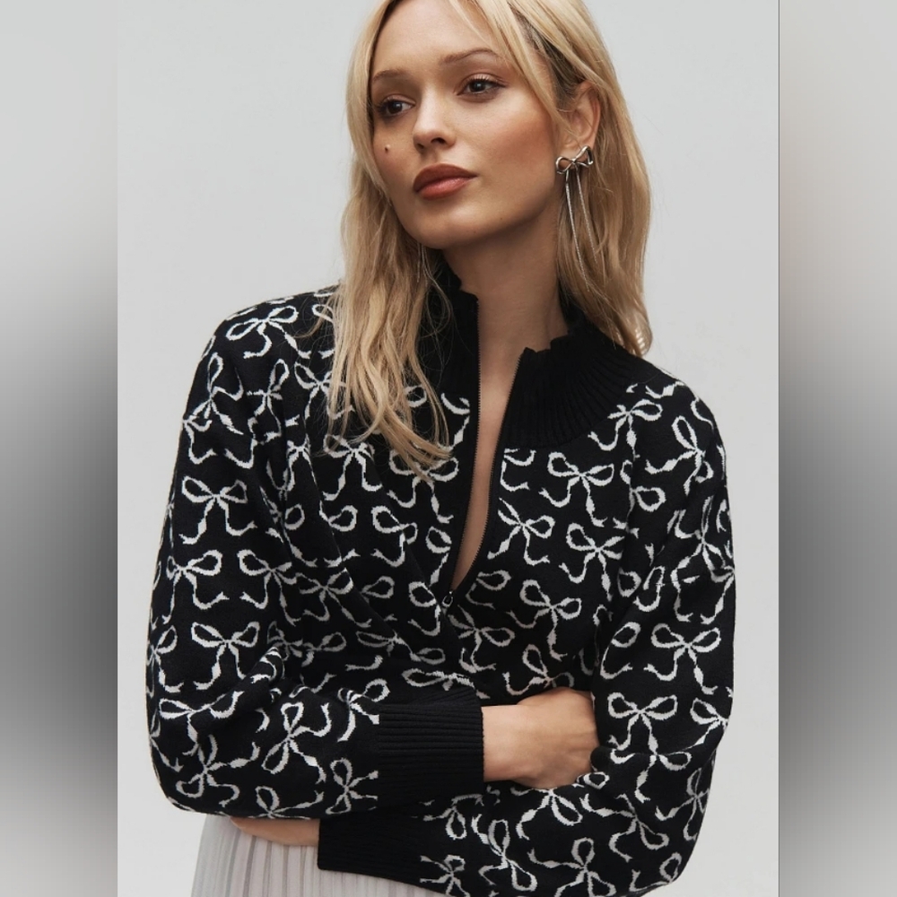 Maeve Anthropologie The Montana Mock-Neck Half-Zip Sweater Black Bow Print Sz M